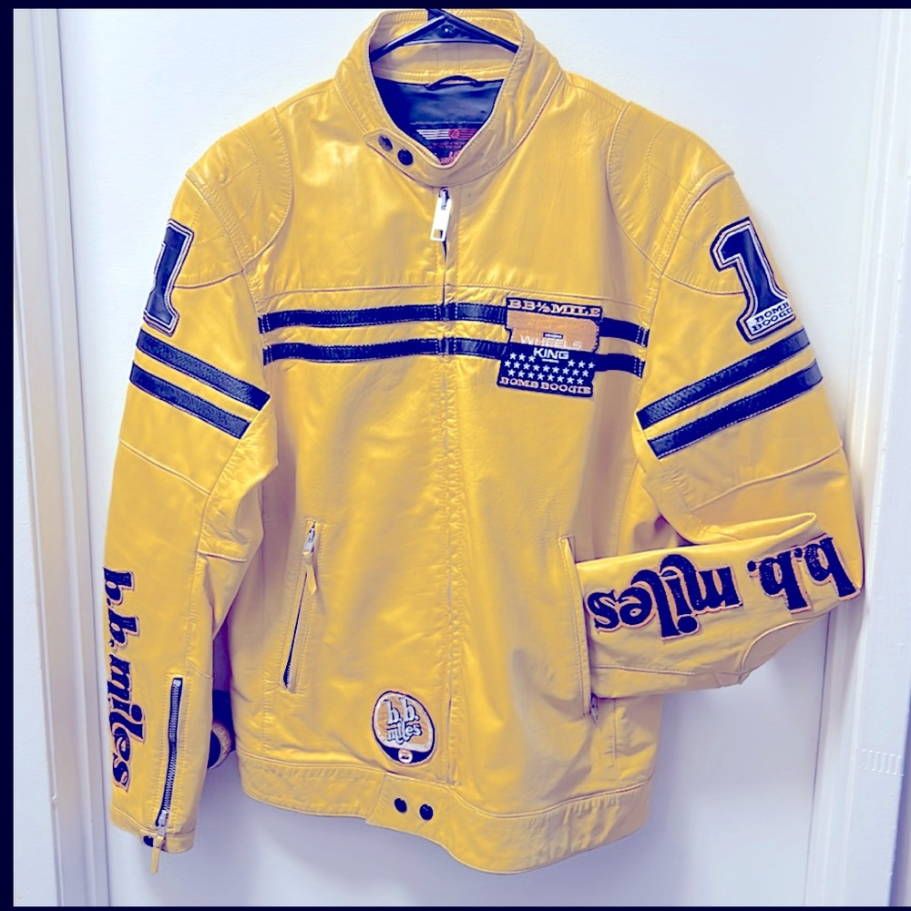 Leather Motorcycle-Racing Jacket by Bomb Boogie with b.b. miles Patches-Sz L
